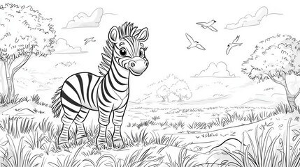 Coloring page of cheerful Zebra in a Grassy Plain Scene