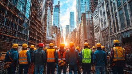 Obraz premium Construction workers observing sunset at building site, cityscape backdrop.
