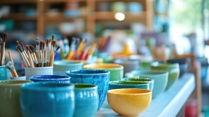 A serene ceramics painting workshop with ceramic paints and pottery, Painting tools organized on a worktable, Artistic workshop style