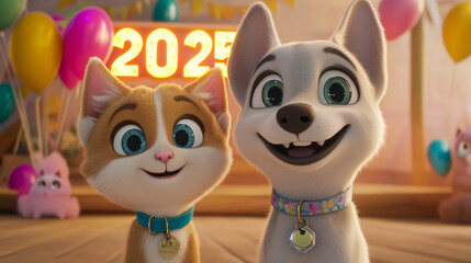 Fototapeta premium a cute dog and cat look forward to celebrating New Year