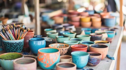 A serene ceramics painting workshop with ceramic paints and pottery, Painting tools organized on a worktable, Artistic workshop style