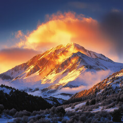 Obraz premium stunning mountain landscape at sunrise, showcasing warm golden light illuminating snow covered peaks and surrounding valleys, creating breathtaking view