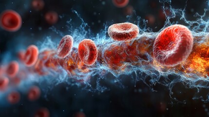 Detailed illustration of red blood cells in motion with a dark background.