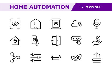 Home Automation Icon Set. Smart and intuitive icons for controlling lights, security, and devices, perfect for smart home apps, IoT interfaces, and tech-savvy branding.