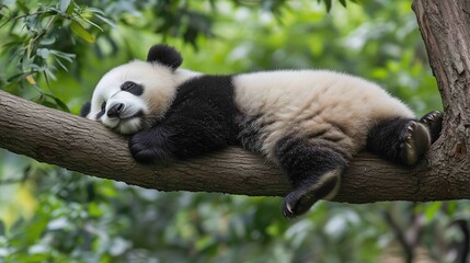 Obraz premium Lazy Panda Bear Sleeping on a Tree Branch 