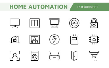 Home Automation Icon Set. Smart and intuitive icons for controlling lights, security, and devices, perfect for smart home apps, IoT interfaces, and tech-savvy branding.