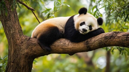 Fototapeta premium Lazy Panda Bear Sleeping on a Tree Branch 