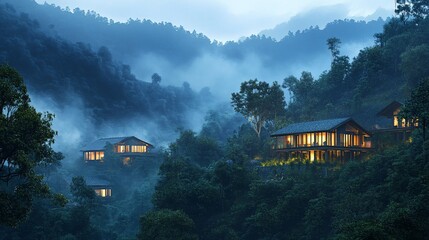 Two modern wooden houses nestled in a lush forest with misty mountains in the background.