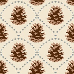hand drawn seamless pattern with pine conifer spruce branches twigs and cones on beige background, Christmas winter new year print for textile wrapping paper, natural colors green evergreen grey stars