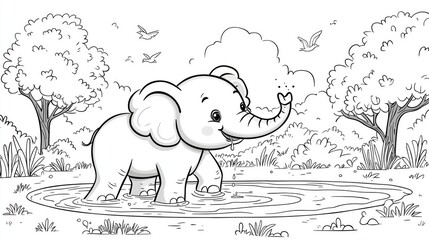 Coloring page of playful Elephant Splashing in Water