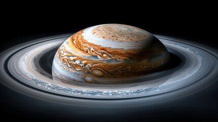 swirling storm cloud on gas giant showcases vibrant colors and intricate patterns, creating mesmerizing cosmic scene. planets rings enhance its majestic appearance