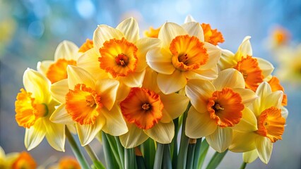 Fototapeta premium A cluster of yellow and orange daffodils blooms in vibrant detail, showcasing their intricate petals and delicate textures against a soft, blurred blue background.