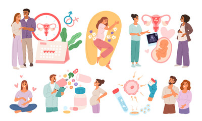 Fototapeta premium Human fertilization. Conception and pregnancy preparation. Parents couple at appointment with doctors. Gynecological consultation. Ovulation period. Pregnant woman. Garish vector set