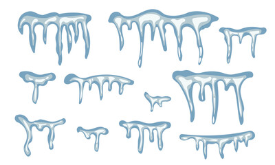 Set Ice floe, frozen water piece, iceberg and icicles in cartoon style isolated on white background. Collection polar landscape element, ui game asset. Winter decoration.
