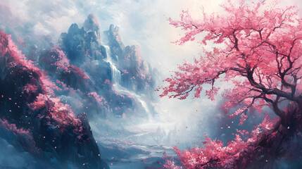 Fototapeta premium Floral wallpaper with cherry blossoms, oil painting