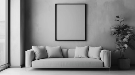 Minimalist, japandi interior design of modern living room. Boucle sofa near stucco wall with abstract wall art frame.
