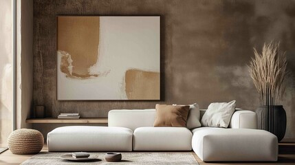 Minimalist, japandi interior design of modern living room. Boucle sofa near stucco wall with abstract wall art frame.

