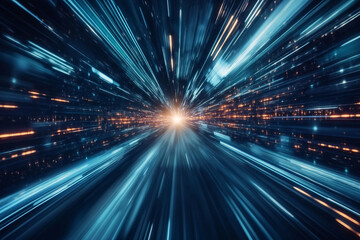 Obraz premium Blue light streaks rushing toward a bright central point suggesting rapid motion through a futuristic space 