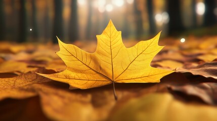  A yellow leaf atop a woodpile of autumn leaves, surrounded by forest in foreground; bright light backdrops scene