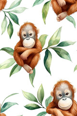 Obraz premium A colorful watercolor seamless pattern of orangutans, isolate on white background, bursting with life. cutout png