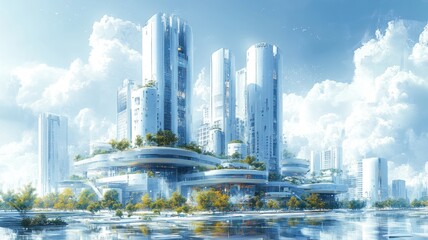Futuristic cityscape with sleek buildings and lush greenery.