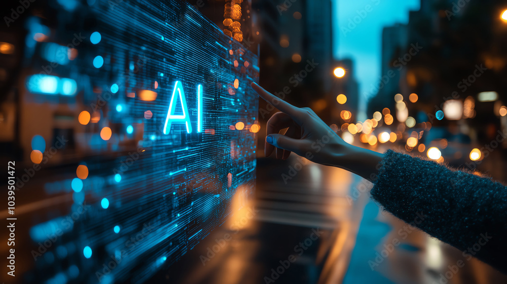 Poster person interacting with artificial intelligence display in urban setting.