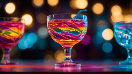 a colorful cocktail glass illuminated by hypnotic neon lights, capturing the essence of a vibrant rave party atmosphere, with swirling colors and a festive feel1 