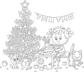 Little girl sitting at her table near a Christmas tree in a decorated nursery room with toys and writing a letter to Santa Claus, black and white vector cartoon illustration for a coloring book