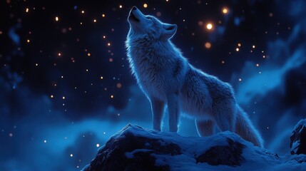 A majestic wolf howls against a starry night sky.
