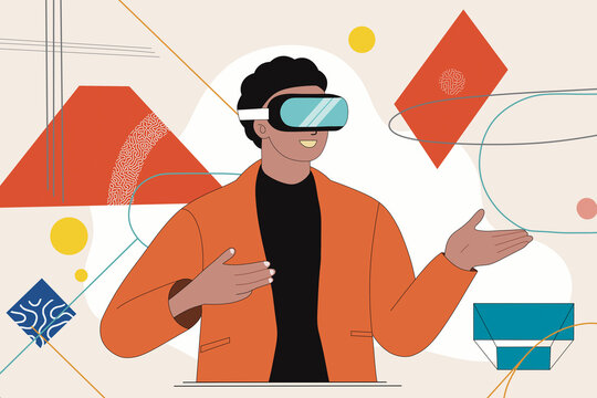 Businessman wearing virtual reality simulators and gesturing near geometric shapes