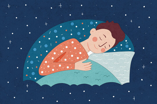 Man sleeping on bed surrounded by starry sky at night