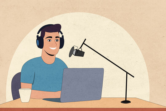 Blogger sitting with laptop and recording podcast at desk