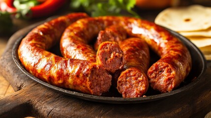Fototapeta premium Chorizo with Tortillas. Authentic Mexican Chorizo Sizzling in Rustic Wooden Frying Pan