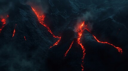 view of hot red magma flowing on dark mountainous surface at night time