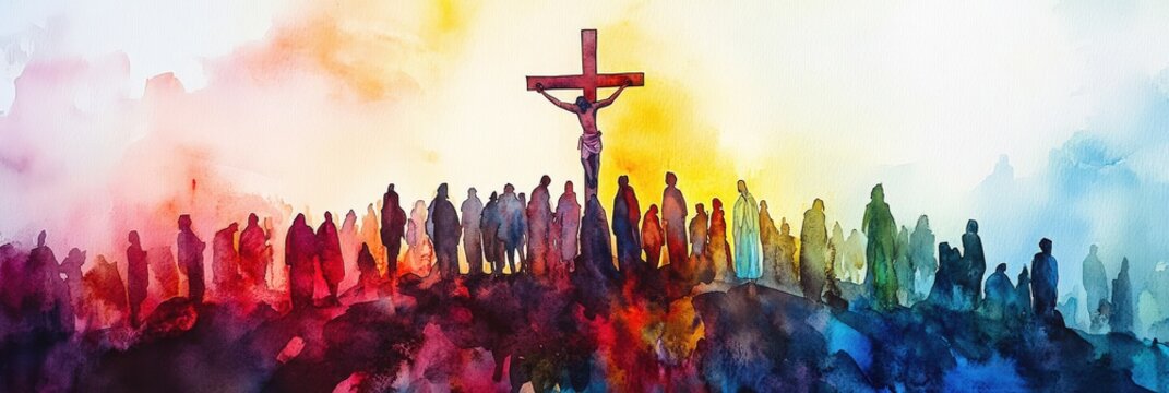 Christian Banner. Watercolor Painting of People at the Cross of Jesus Christ for Good Friday and Semana Santa
