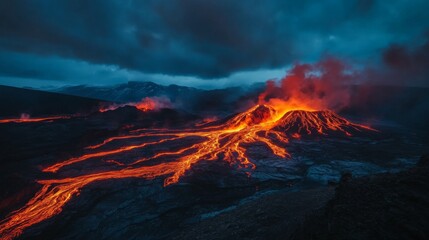 view of hot red magma flowing on dark mountainous surface at night time