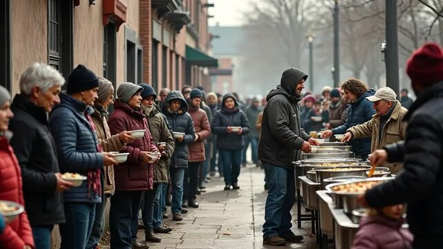 A long line of people waits outside a soup kitchen. Volunteers serve food with care. It shows how aid helps those in poverty. 