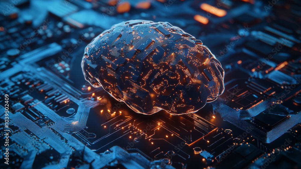 Poster a futuristic ai brain, made of circuits, is shown learning and solving problems. the background is a