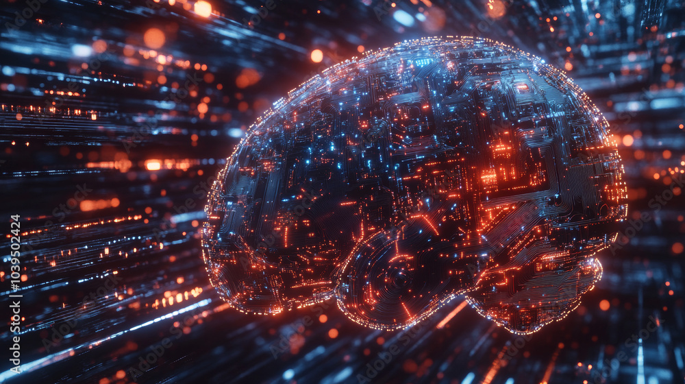 Poster a futuristic ai brain, made of circuits, is shown learning and solving problems. the background is a
