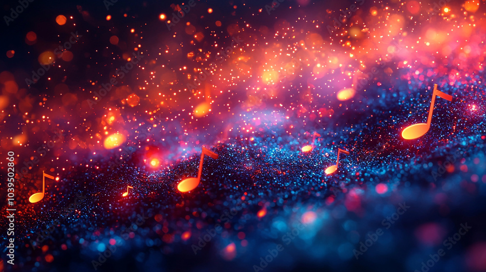 Poster vibrant abstract musical notes creating a dazzling cosmic pattern with enhanced colorful effects