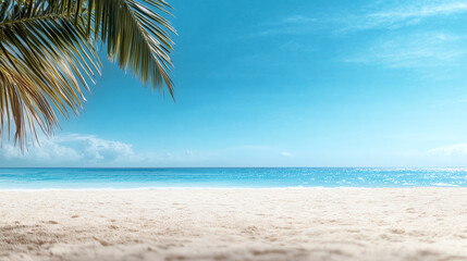 Tropical beach scene with palm tree and serene blue ocean under clear sky.