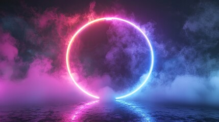 Abstract neon background. Glowing neon circle in dark room with smoke and smog. Empty scene for your design