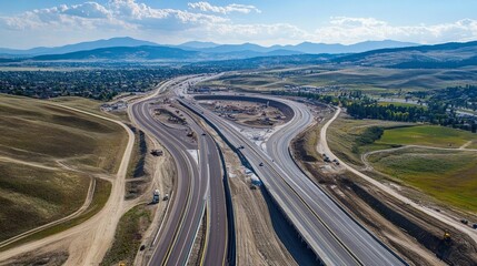 Aerial view of a large highway construction project, showcasing the complexity of civil engineering. 