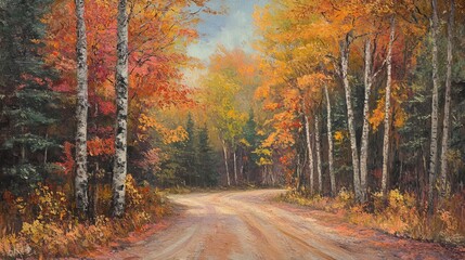 Obraz premium Autumn splendor along a forest road in Michigan's Keweenaw Peninsula.