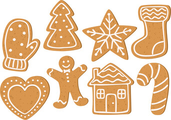 Set of cute gingerbread Christmas cookies with white decorative glaze. Hand drawn holiday sweets