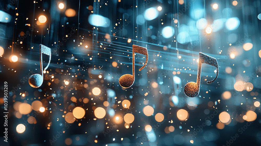 Poster captivating musical notes elegantly suspended against a vibrant bokeh background creating a dynamic 