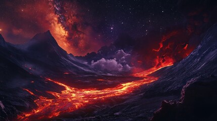 hot red magma flowing on dark mountainous surface at night time with Milky Way
