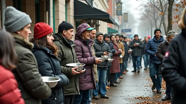 A long line of people waits outside a soup kitchen. Volunteers serve food with care. It shows how aid helps those in poverty. 