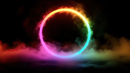 Fototapeta premium Abstract neon background. Glowing neon circle in dark room with smoke and smog. Empty scene for your design