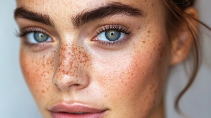 Fototapeta premium A close-up of a woman's face with freckled skin on her eyebrows and eyes
